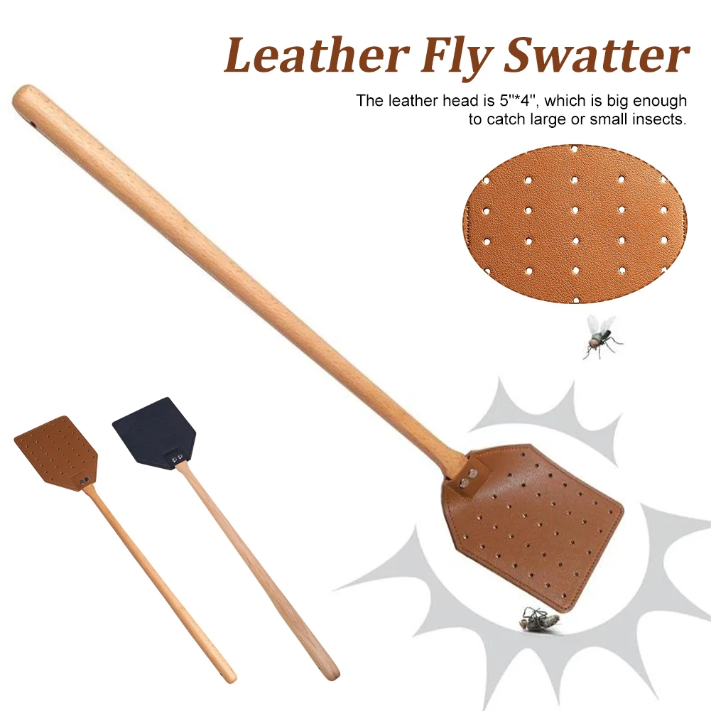 

Leather Fly Swatter with 19" Long Wood Handle Sturdy Durable Flyswatter for Indoor and Outdoor Pest Control Rustic Swatter