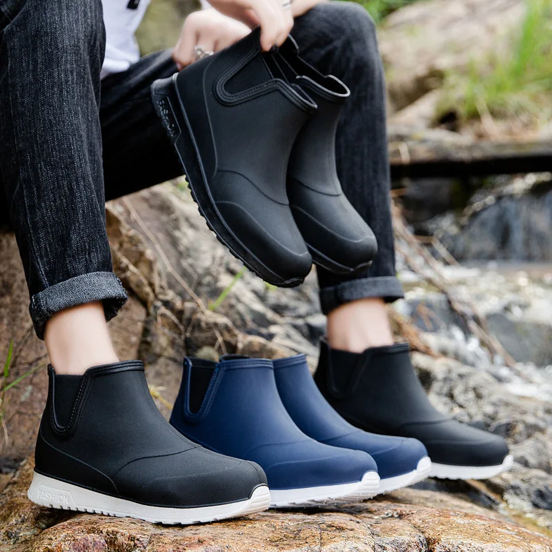 Rain Boots Man Rubber Boots Fashion Ankle Boots Round Toe Plarform