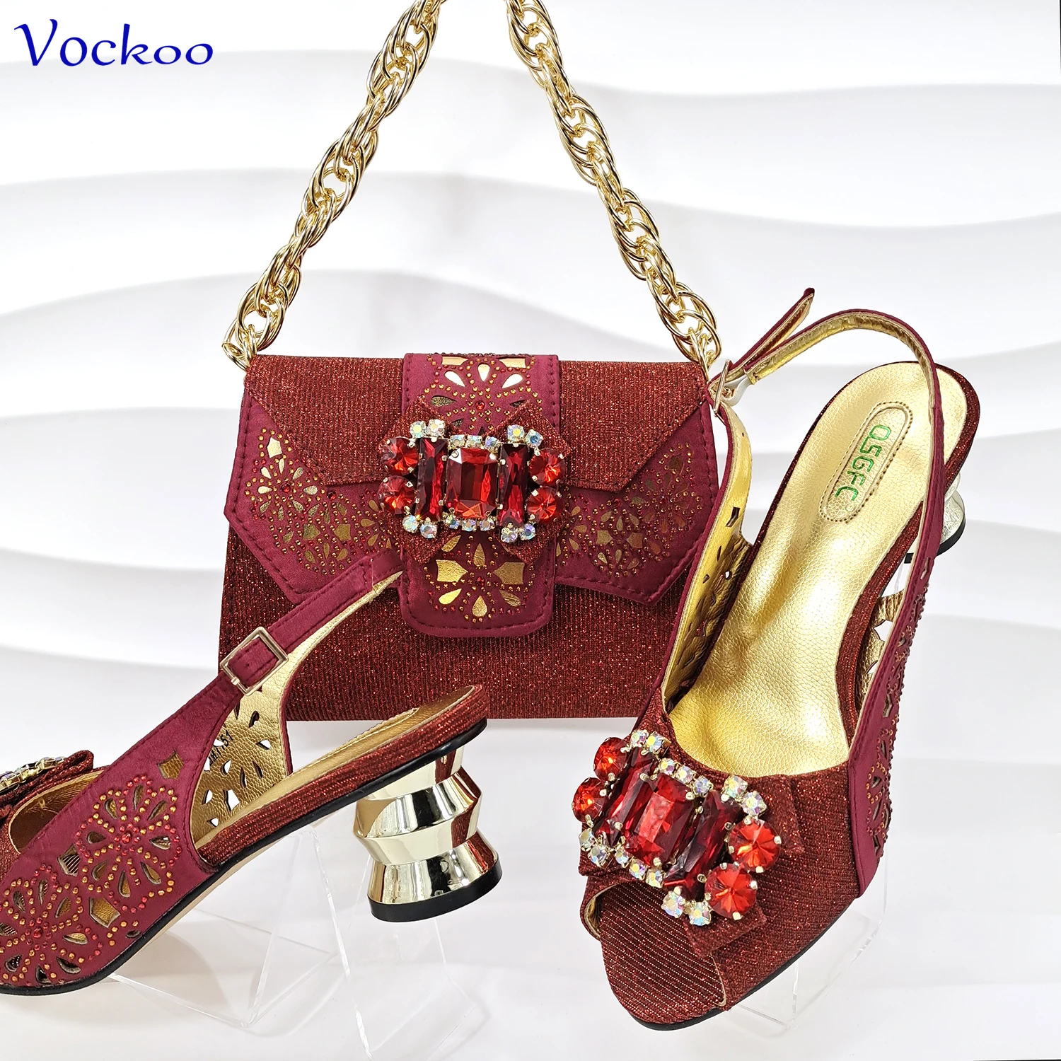 

Wine Color New Arrivals 2024 Italian Design Shoes and Bag Set Mid Heels Comfortable with Shinning Crystal for Wedding