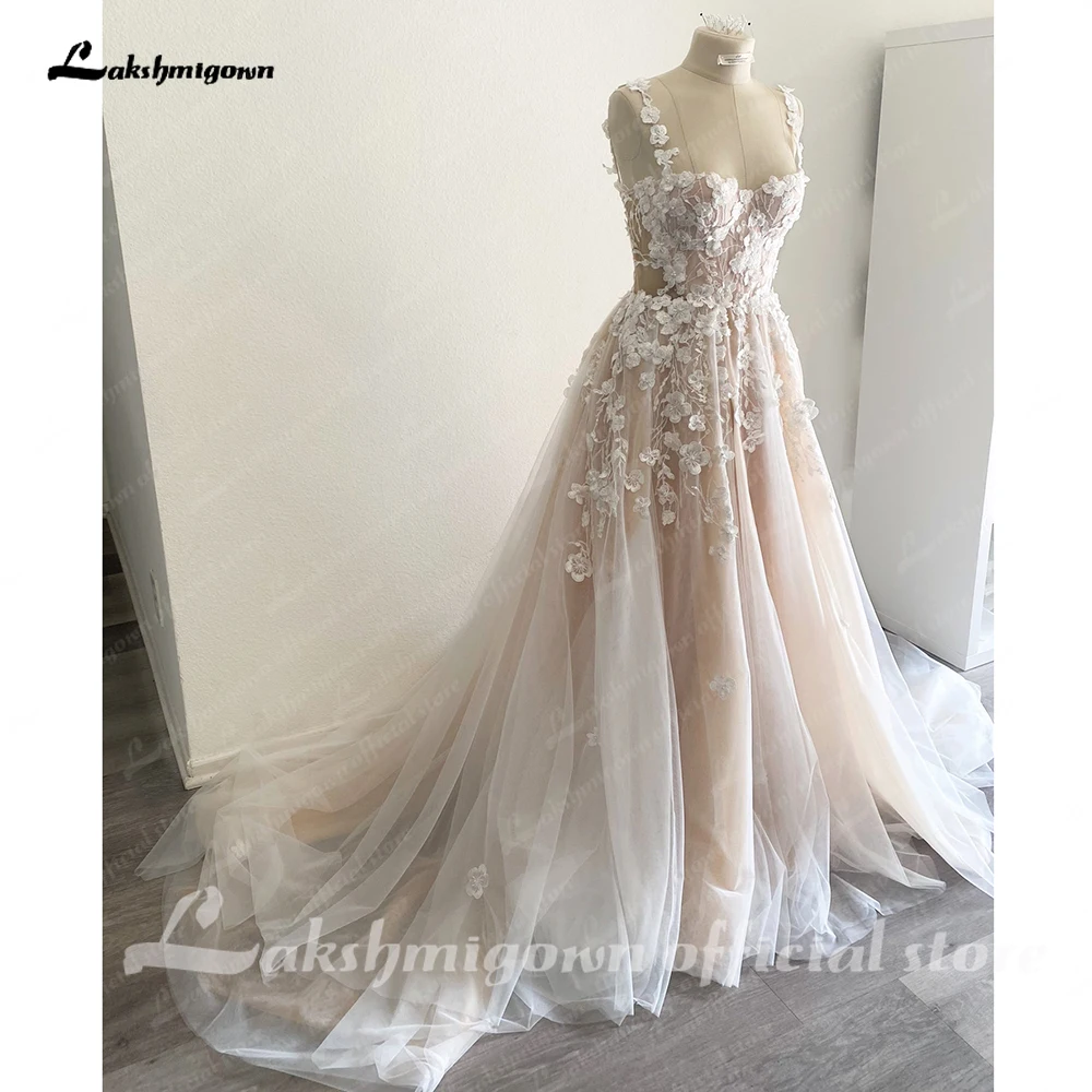 Lakshmigown Light Champagne Wedding Dresses 3D Flowers Spathetti Straps A Line Wedding Gown Beach Sweetheart Wedding Gowns