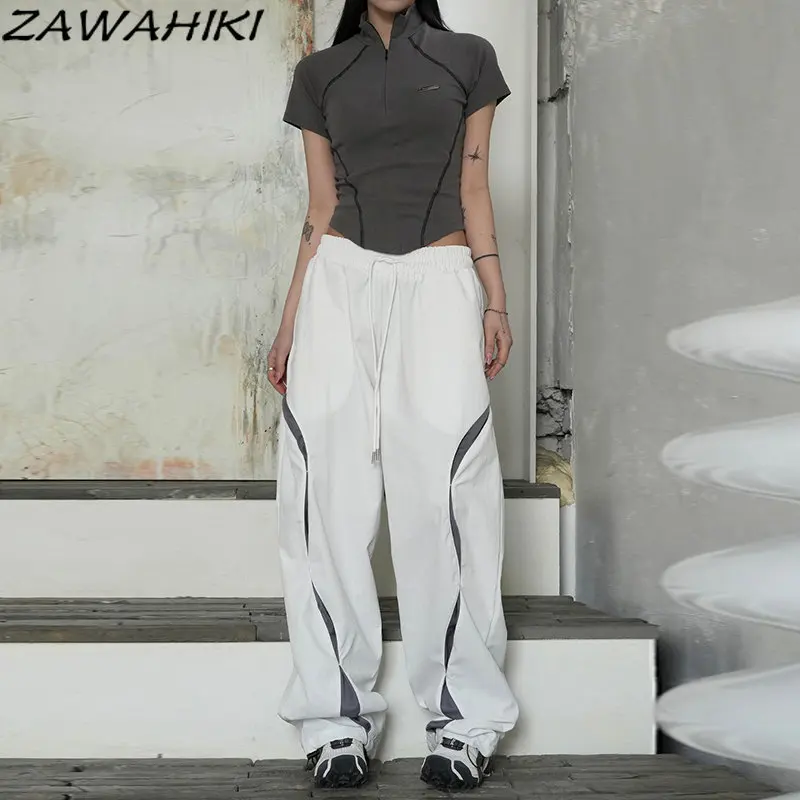 

Cool Unisex Irregular Contrast Color Patchwork Loose Casual Sporty Trousers Women Streetwear All Match Wide Leg Cargo Pants