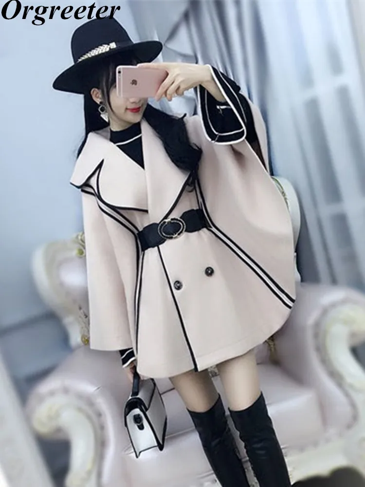 

Padded and Thickened Winter New Beige Black Side Bat sleeve Cape Jacket Coat Woolen Female Outerwear Tops With Belt