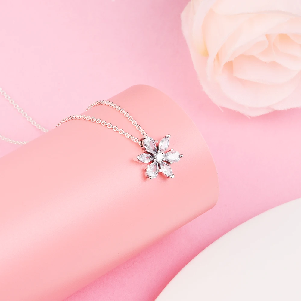 

925 Sterling Silver Sparkling Herbarium Cluster Pendant Necklace Crystal Neck Chain for Women Fine Jewelry 45CM Free Shipping