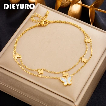 Dieyuro 316l aço inoxidável 2 camadas borboleta charme tornozeleiras para mulheres menina nova moda perna corrente não-desvanecimento jóias presente festa 1