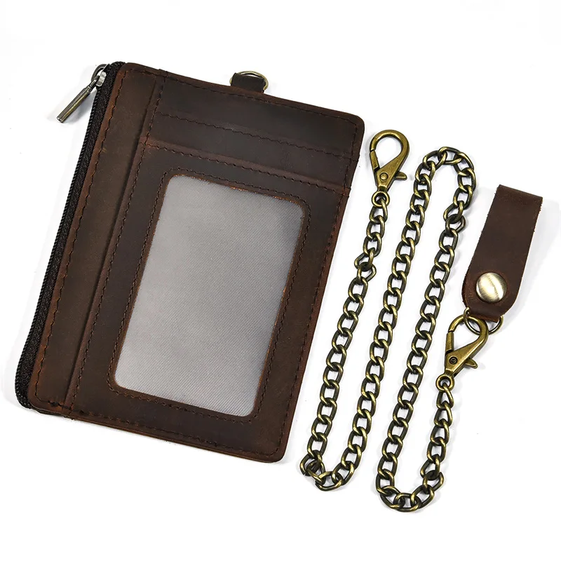 Genuine Leather Card Holder with Vintage Crazy Horse Leather, Multiple Card Slots,Chain and Anti-theft Function