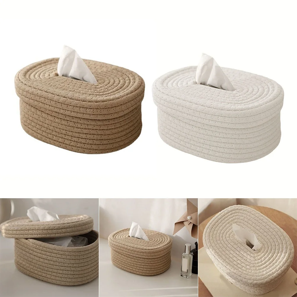 Tissue Box Cotton Rope Woven Tissue Box Storage Box Desktop Storage Box Pumping Paper Box Home Office Room Car Decor Tissue Box