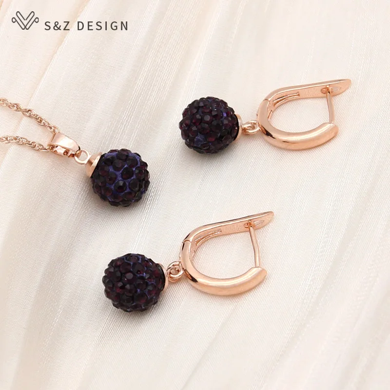 S&Z DESIGN New Elegant 585 Rose Gold Color Round Crystal Dangle Earrings Jewelry Sets For Women Party Jewelry Pendant Necklace