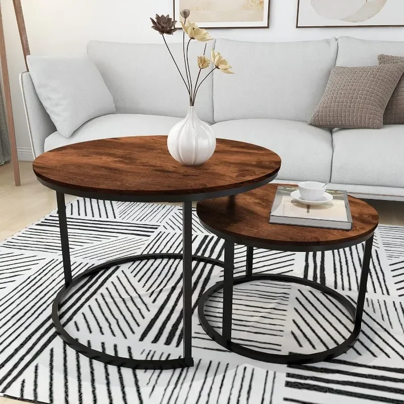 Round Coffee Table Set of 2 Modern Nesting Side End Table for Living Room,Round Wooden Coffee with Solid.
