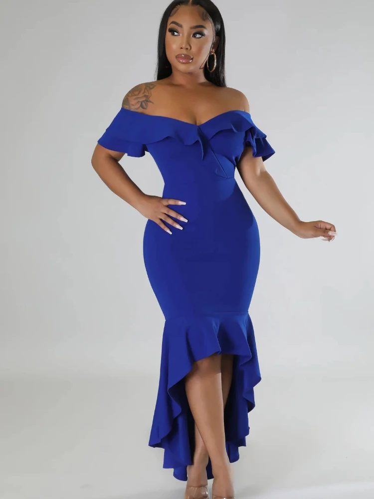Blau schulter freie Rüschen Kleider für Frauen hohe Taille Bodycon unregelmäßigen Abend Geburtstag Cocktail Party Outfits Sommer mode