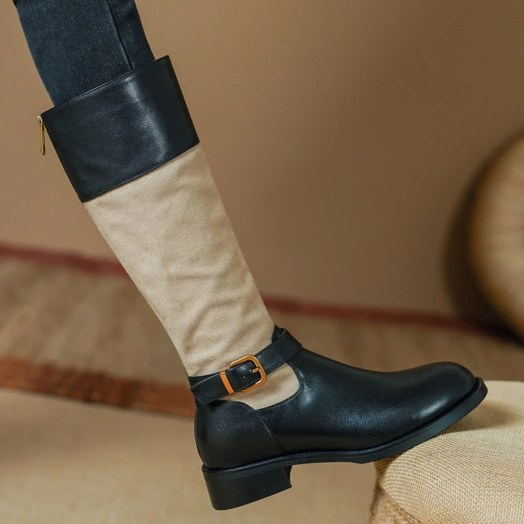 

Women's cow leather canvas patchwork back zip autumn ankle boots ankle buckle casual female knee high boots high quality shoes