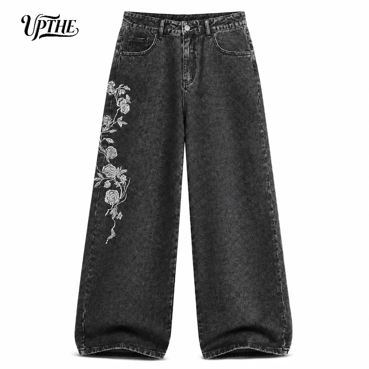 UP.THE Men Vintage Washed Black Baggy Wide Leg Jeans, Y2K Oversized Loose White Rose Vine Embroidery Denim Pants, Gothic Grunge Streetwear Trousers for Daily Outfits