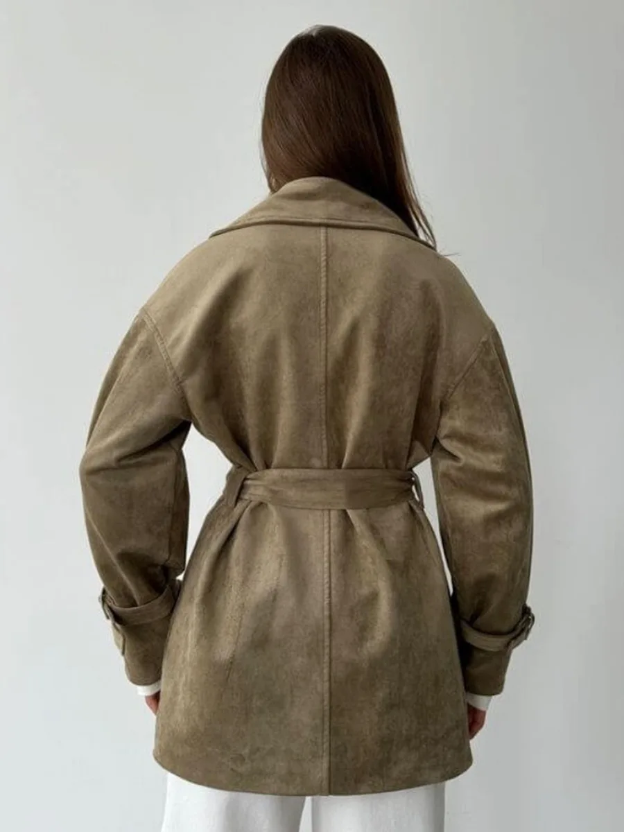 Bornladies Autumn Winter Women's Fashion Retro Jacket Suede Belted Waist Short Trench Coat New Lapel Jacket