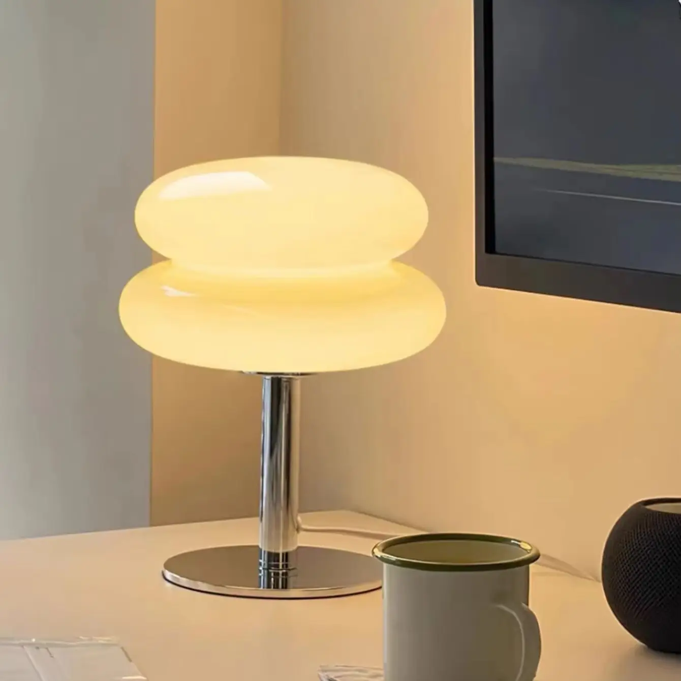 삼색 LED 모던 바우하우스 유리 철제 USB 플러그 테이블 램프 무드등, 광택 침실 홈 데코레이션 조명기구, 야간 조명 데스크 램프
