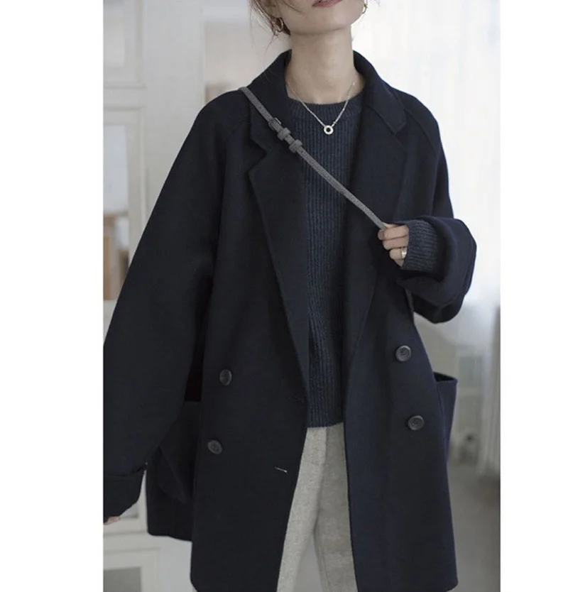 Loose Wool Blend Coat Autumn Winter Warm Casual Commute Outwear England Style Women Lapel Single Breasted Solid Colors Overcoats
