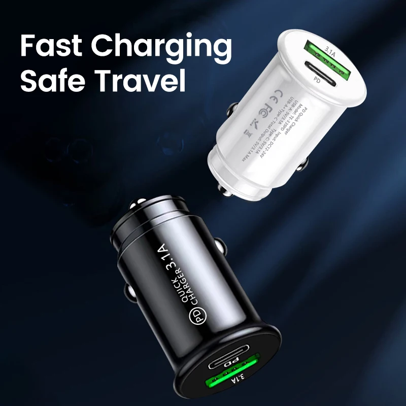 Car Charger Mini USB Quick Charge 3.0 PD 20W Car Lighter Slot Fast Charging for iPhone Huawei Xiaomi Mi Type C Phone