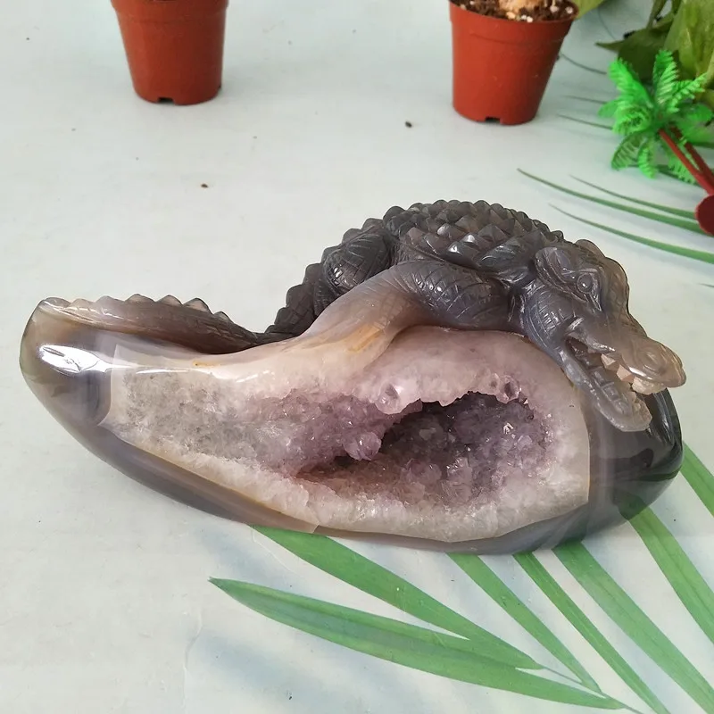 Natural Agate Stone Crystal Druzy Geode Crocodile Statue Home Decor Amethyst Crab Room Decoration Ornament 5