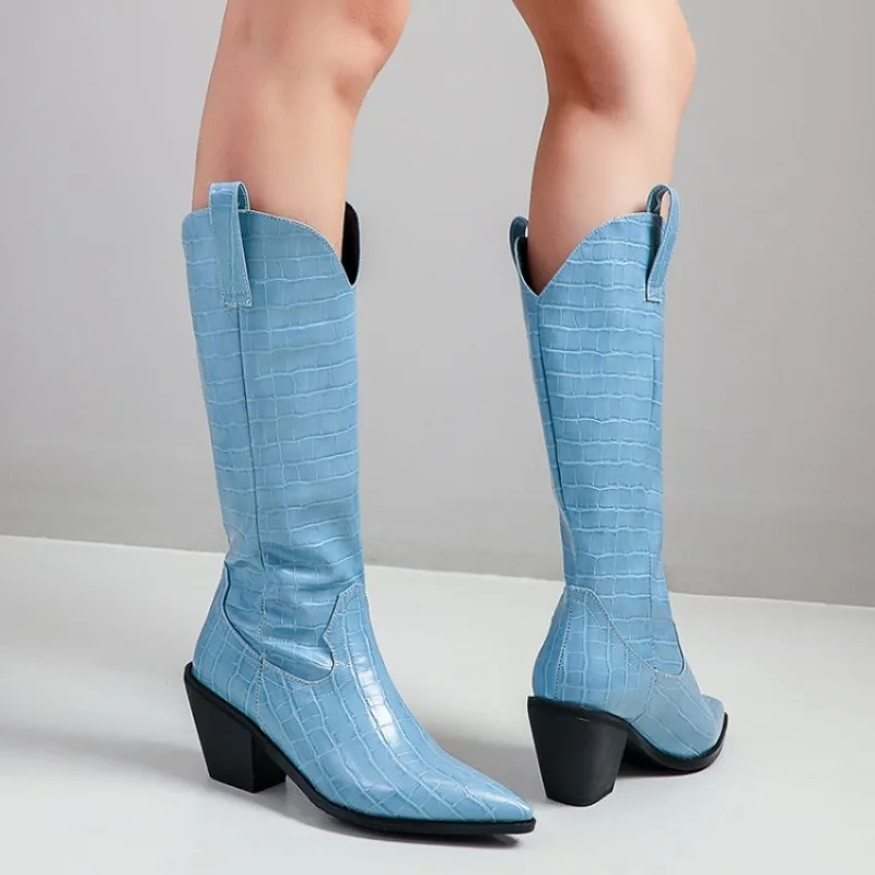 

Новинка 2024, сапоги Челси до колена, осенне-зимняя женская обувь, повседневная женская обувь из искусственной кожи на квадратном высоком каблуке с острым носком
