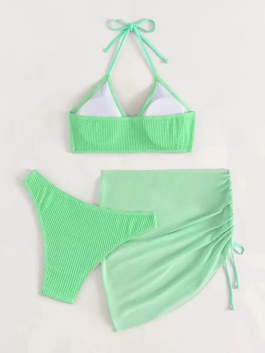Hoch taillierter Bikini für Damen, Bauchkontrollhose, Push-Up-Crop-Top-Badeanzug, 3-teiliger Badeanzug_voghion.com
