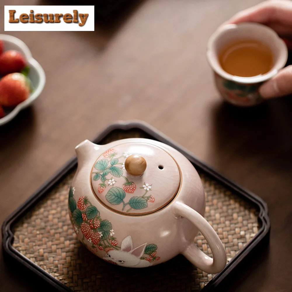 Antique Pink Ru Kiln Teacup Strawberry Rabbit 1 Pot 2 Cups Chinese Tea Making Xishi Kettle Teapot and Tea Cup Set Kung Fu Teaset