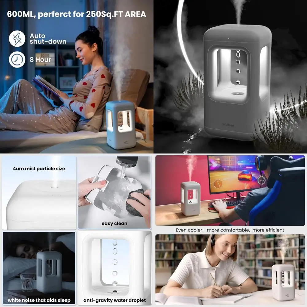Compact 600ml White Humidifier with Anti-Gravity Water Flow, Ideal for Indoor Plants, Bedrooms, Desks, and Quiet Operation