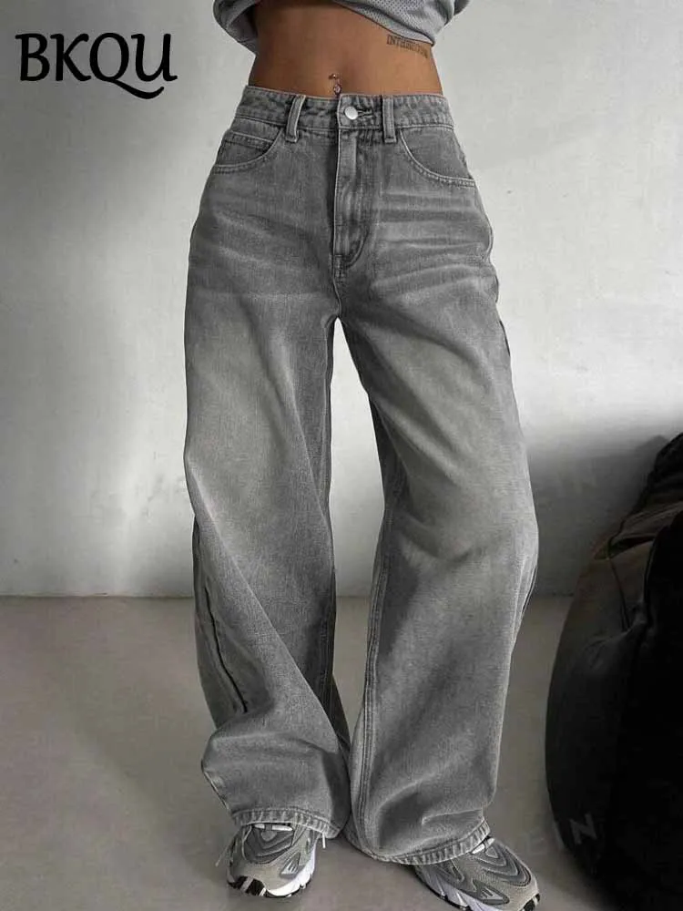 BKQU Gray Vintage Baggy Jeans Woman Streetwear High Waist Y2K Wide Leg Denim Pants Loose Female Hip Hop American Trousers 2000s 2