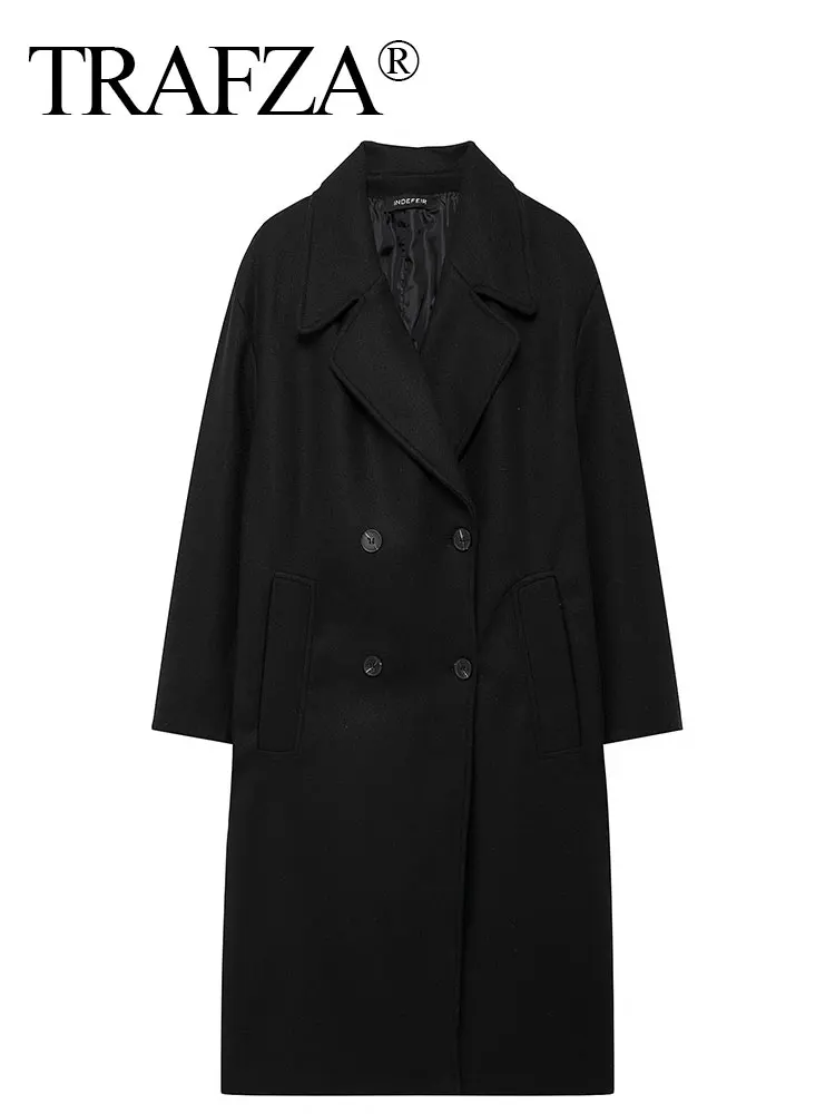 TRAFZA 2024 Autumn New Women Loose Coat Lapel Double Breasted Long Sleeve Jacket Winter Warm Thick Vintage Solid Trench Outwear 2