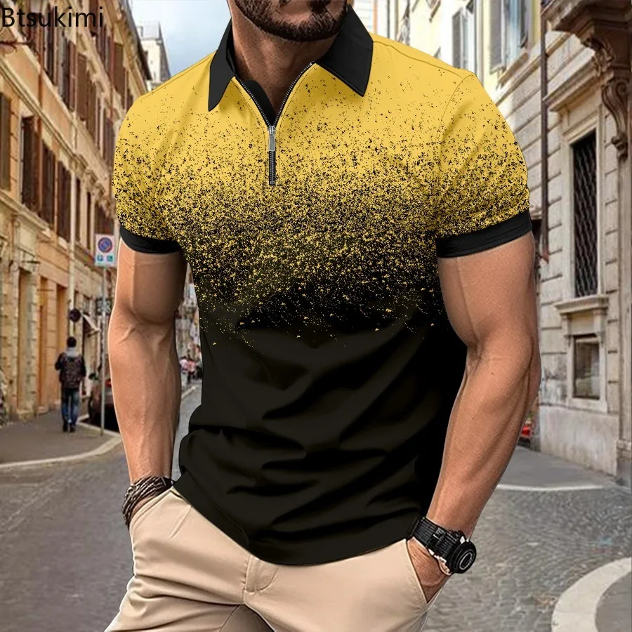 

Hot Sale New Men's Half Zip Lapel Polo Shirt Summer Fashion Print Contrast Color Short Sleeve T-shirt Men Versatile Casual Shirt