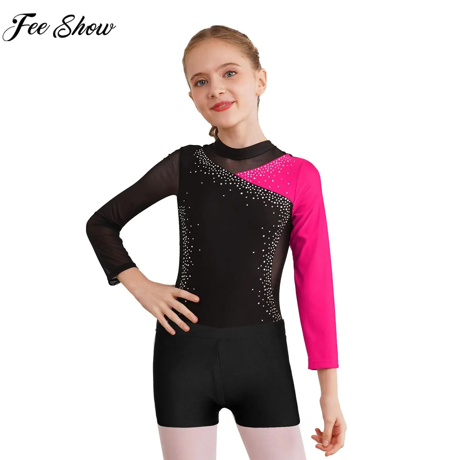 

Kids Girls Figure Skating Ballet Gymnastics Dance Leotard Dancewear Long Sleeve Shiny Rhinestone Sheer Mesh Bodysuit with Shorts