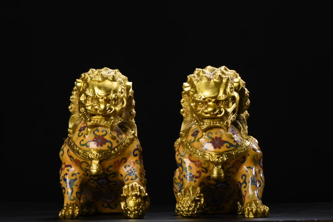 

8"Tibetan Temple Collection Old Bronze Cloisonne Enamel Gilded Gate God Lion Statue A Pair Amass wealth Ornaments Town house