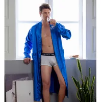 Grande taille vêtements de nuit pour hommes Kimono Robe de bain Robe gris à manches longues col en v vêtements de nuit avec poche de ceinture printemps été hommes vêtements de maison 4