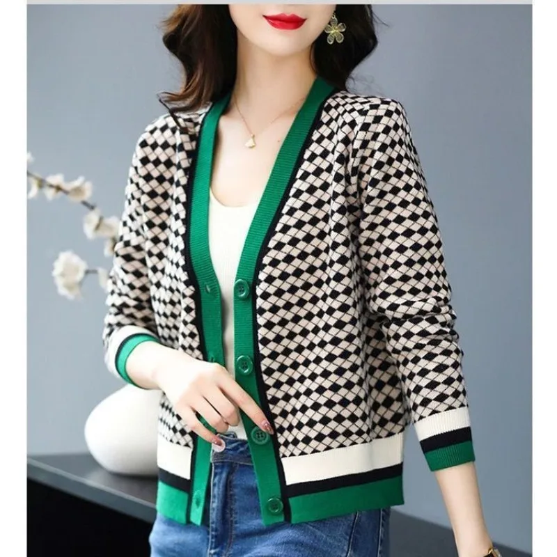

Spring and Autumn Women's Sweetheart Collar Button Jacquard Splice Loose Sweater Coat Fashion Casual Elegant Long Sleeve Tops