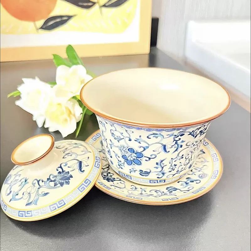 Ceramics Blue and White Ru Kiln Cracked Glaze Gaiwan Teacup Saucer Lid Porcelain Gaiwan Travel Cover Bowl 180ml