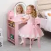 Kids Vanity Table and Chair Set Girls Dressing Table with Storage Shelves & Drawer Wooden Makeup Desk for Playroom Bedroom