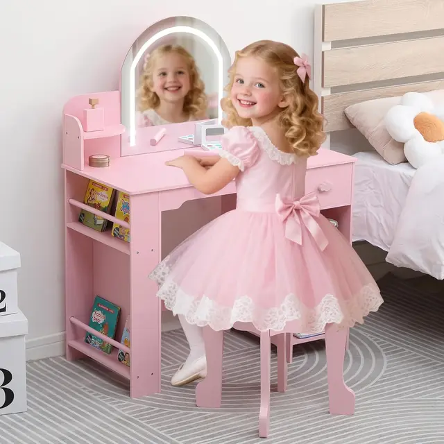 Kids Vanity Table and Chair Set Girls Dressing Table with Storage Shelves & Drawer Wooden Makeup Desk for Playroom Bedroom
