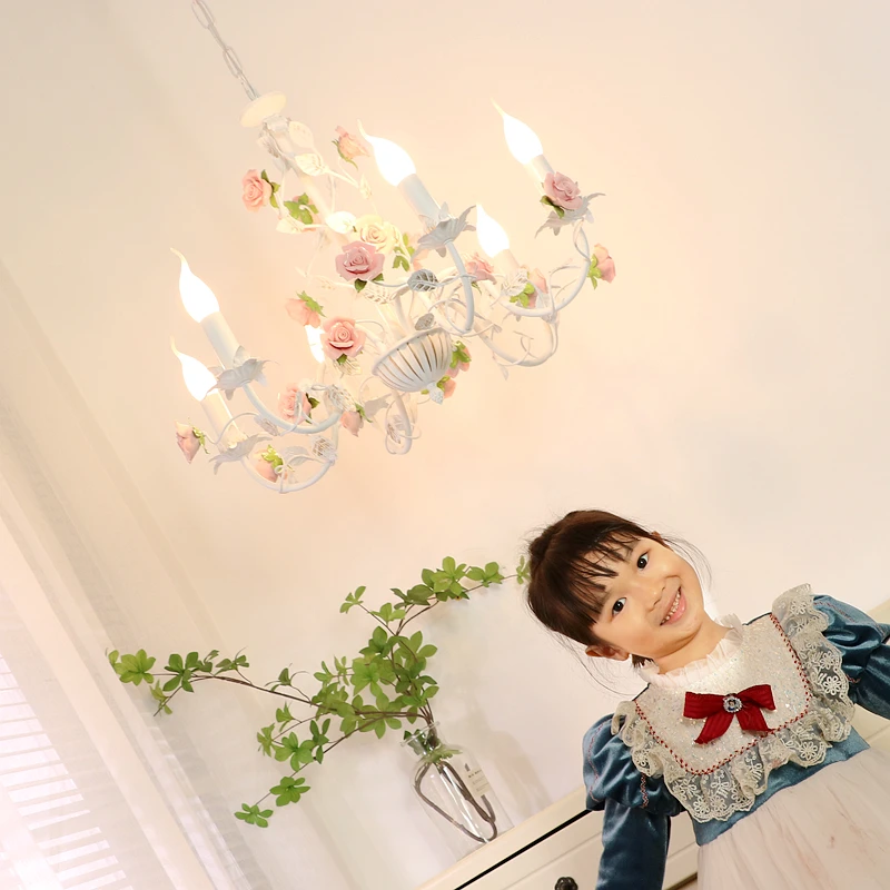 Rural Bedroom Chandelier French Living Room Children's Room Iron Flowers Plants Warm American Retro Fresh Ceramic Pendant Lamps 4