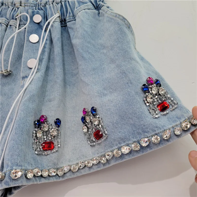 Booty Shorts Female 2024 Summer New Heavy-Duty Color Diamond High Waist Loose and Slimming Denim Wide Leg Shorts for Women