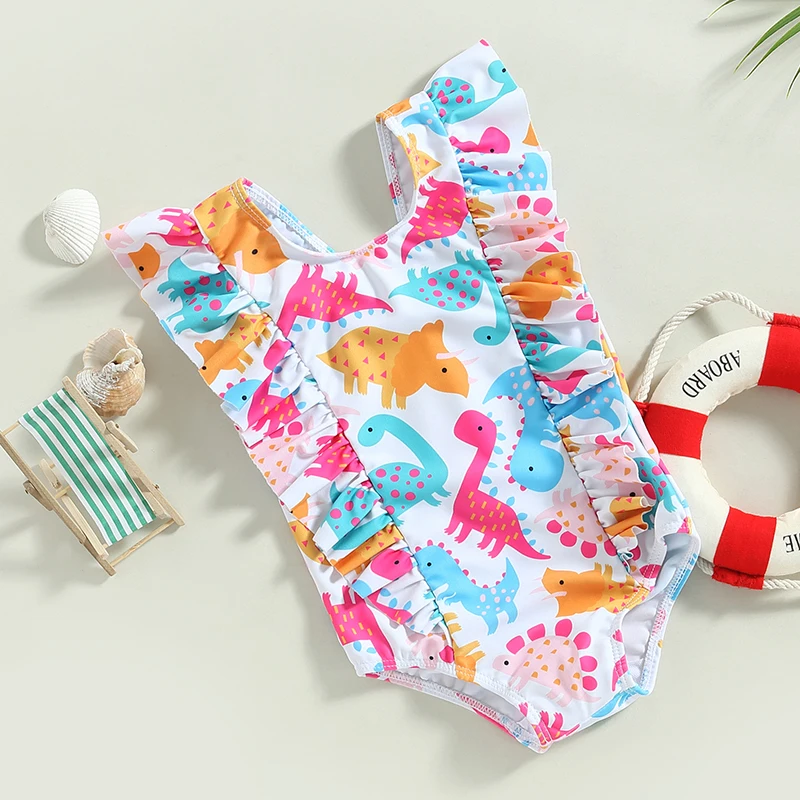 

EWODOS 1-5 Years Toddler Baby Girls Summer Swimsuit Jumpsuit Cartoon Dinosaur/Flamingo/Leaf Print Ruffles Sleeveless Swimsuits