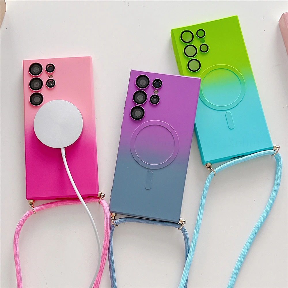 Gradient Pattern Magnetic Wireless Charging Necklace Lanyard Matte Silicone Case
