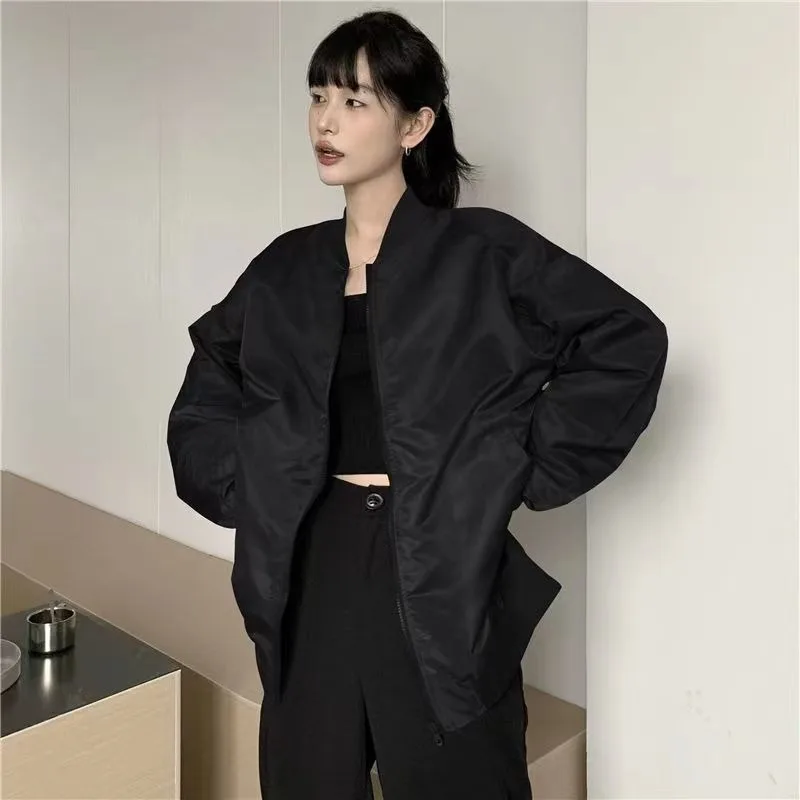 HOUZHOU Vintage Black Bomber Jacket Women Gothic Style Oversize Harajuku Streetwear Baseball Jackets Japanese Y2k Aesthetic Tops