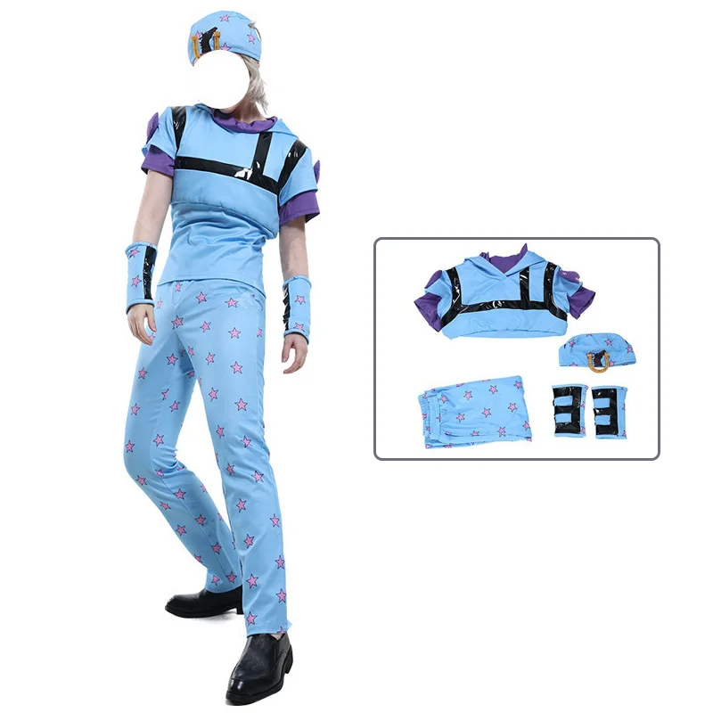 

Anime JoJo'S Bizarre Adventure Johnny Joestar Joe Kid Cosplay Costume Wig Steel Ball Run Cosplay Uniform Blue Suit Party Suit