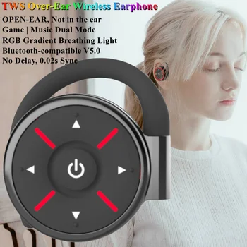 TWS 오버이어 무선 헤드폰, 블루투스 호환 V5.0 무손실 사운드 이어 후크 이어폰, 게임 음악 듀얼 모드 오픈 이어 헤드셋