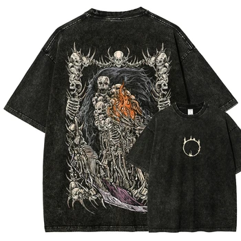 Classic Action Role-playing Game Dark Souls Graphic Print T-Shirt Men Women Retro Washed Cotton Loose Oversized Top Summer Tee 1