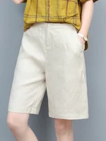 High Waist COTTON Linen Women's Shorts Loose Casual Solid Women's Summer Shorts Basic Black Coffee Semi-elasticated Waist Shorts - Image 3