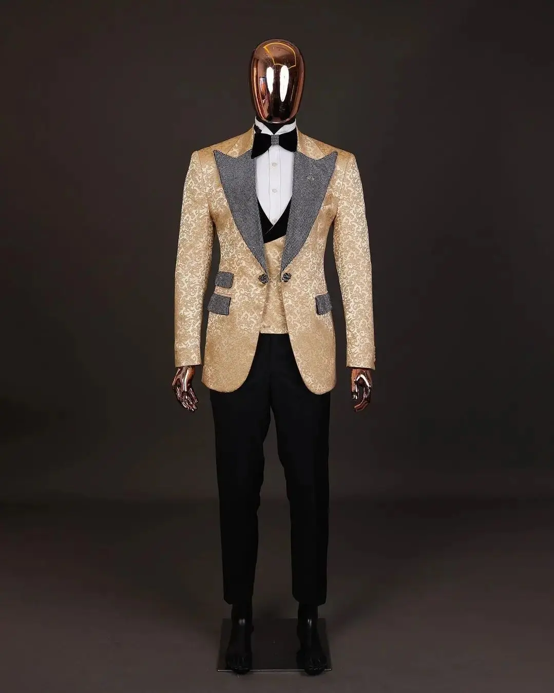 Gold Jacquard Men Suit Tailor-Made 3 Pieces Blazer Vest Black Pant Shiny Lapel One Button Business Wedding Groom Prom Customized