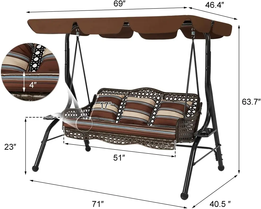 AECOJOY 3-Seat Proch Swing Chair Patio Canopy 2 Side Trays 3 Pillows Removable Cushion Wicker Stand Outdoor Balcony Deck Garden 4