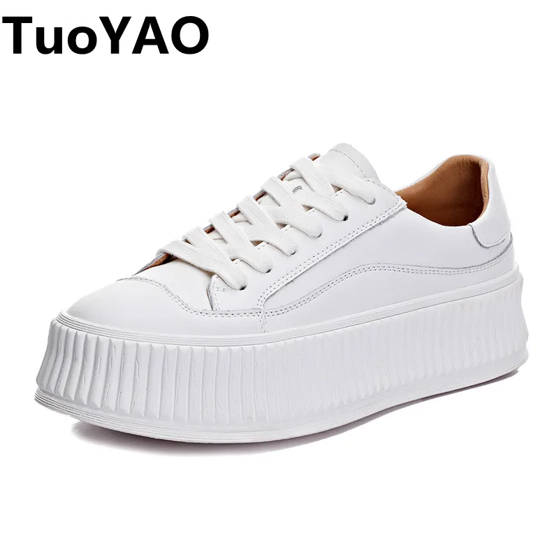 

Genuine Leather Platform Flats Female Women Sneakers White Sewing Chunky Spring Autumn Women Casual Vulcanize Comfort Sport Shoe