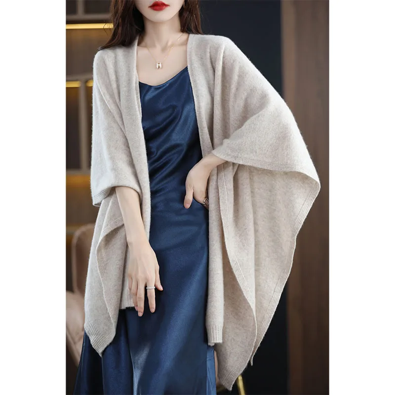 Autumn and Winter New Pure Wool Shawl Cloak Women's Oversized Knitting Cardigan Shawl Scarf Over Sweater Solid Color Loose pure color triangle scarf women cotton linen scarves solid color scarves all match decorative small shawl korean version shawls