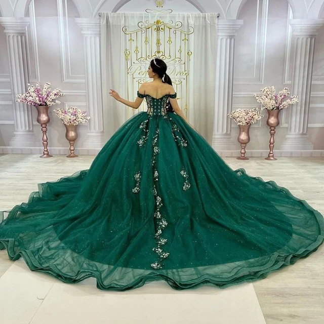 Princess Emerald Green Off Shoulder Ball Gown Quinceanera Dresses Beads Birthday Party Flowers Sweet 16 Dress main image 1