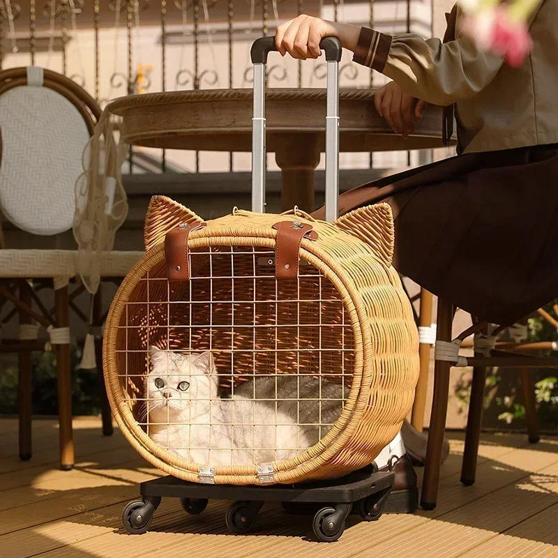 Breathable Cat Bag, Portable Pet Crate, Dog Tote Bag with Trolley, Handwoven Cat Cage, Lightweight Pet Luggage, Vintage Style