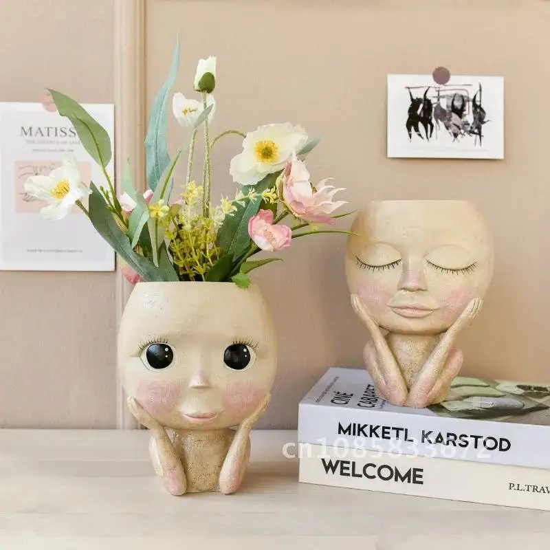 

Creative Nordic Human Head Resin Vase Art Flowers Arrangement Doll Sculpture Potted Plant Flower Home Garden Decoration